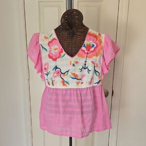 Cato Pink Women's Baby Doll Blouse with Colorful Floral Embroidered Design-XL